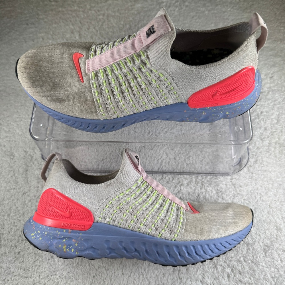 Nike Phantom React Flyknit 2 Women 8.5 Grey Blue Pink S hoes Sneakers Slip On